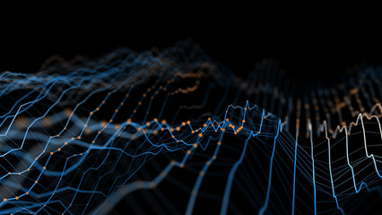Futuristic background technology wave grid with dots. Digital cyberspace concept. Abstract Big data graph with Dof.