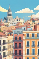 Fototapeta premium Madrid in the style of vintage travel posters buildings city architecture.
