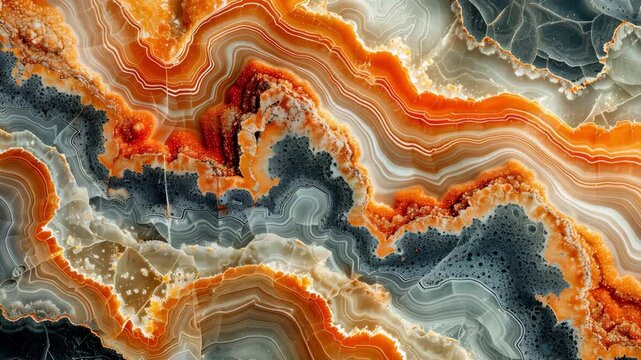 Orange and gray agate texture motion video. Abstract stone pattern background footage. Geology fractal art graphic clip. Decorative rock design stock motion picture.