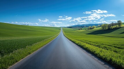 Naklejka premium Open Road: A captivating perspective of an open road disappearing into the horizon, flanked by verdant fields under a vast, cloud-speckled blue sky, embodying the essence of freedom and journey.