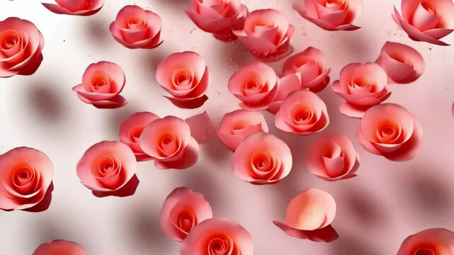 Roses background with rose petals video footage for wedding, love, valentine's day, anniversary clip. Floral romantic pink roses motion screen saver for celebration, space.