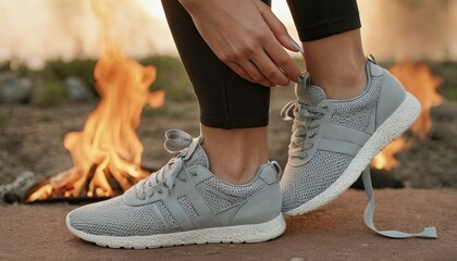 Human hands lace up gray sneakers. 5