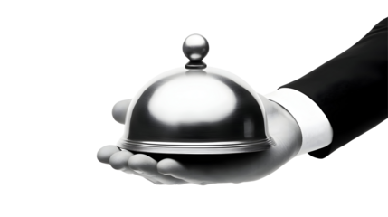 Professional Hand Holding Silver Service Bell Isolated on Transparent Background