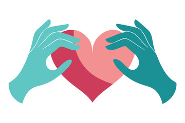 Fototapeta premium Teal Hands Embrace Pink Heart Symbol, Flat Design on White Background