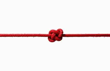 Red rope tied into knot on white background. Cord string fiber knot symbol of connection, strength, challenge. Detail of material. Concept of connection. Isolated element with space.
