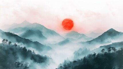 serene watercolor mountain painting with red sun – serene watercolor mountain with red sun and mist – serene watercolor mountain landscape with red sun inspiration