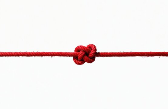 Red rope tied into knot on white background. Cord string fiber knot symbol of connection, strength, challenge. Detail of material. Concept of connection. Isolated element with space.