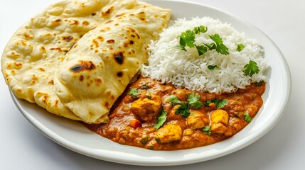 Indian curry and rice dish with naan – Indian curry and rice dish vibrant plate top view – Indian curry and rice dish with traditional naan bread