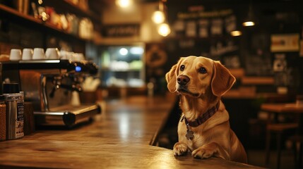 Cute dog at cozy cafe counter with coffee machine | cute dog sitting in cozy cafe with warm light | cute dog cafe lifestyle cute dog