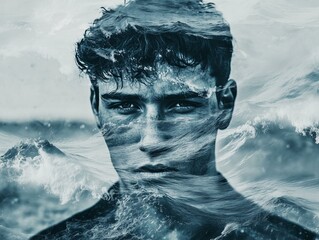 double exposure ocean portrait of a man – double exposure ocean portrait concept for symbolic emotion – double exposure ocean portrait design with emotional water theme