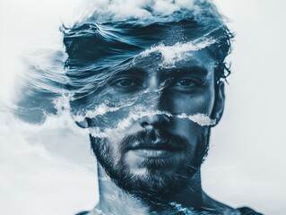 dreamlike double exposure portrait with waves – dreamlike double exposure portrait in oceanic style – dreamlike double exposure portrait expressing inner peace and sea