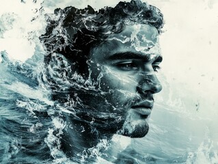 conceptual ocean double exposure male portrait – conceptual ocean double exposure showing inner emotion – conceptual ocean double exposure in visual metaphor form