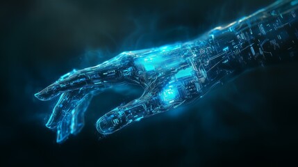 Futuristic digital interface robotic hand display | futuristic digital interface glowing robotic anatomy | futuristic digital interface with blue cybernetic hand
