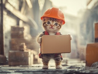 Cute cat construction worker with box – cute cat construction worker holding cardboard – cute cat construction worker for whimsical pet concept