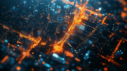 Cyberpunk cityscape glowing at night with neon orange lines, cyberpunk cityscape with neon lights, cyberpunk cityscape glowing in night cityscape with futuristic lighting