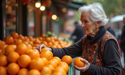 Fototapeta premium Elderly Woman Browsing Oranges with Care at Market