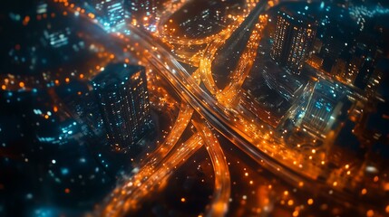 Aerial futuristic highway cityscape with neon glow, futuristic highway cityscape with orange neon light, futuristic highway cityscape from above with city glow