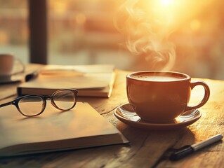 morning coffee flat lay with sunlight – morning coffee flat lay aesthetic for creative writing – morning coffee flat lay with glasses and journal under morning light