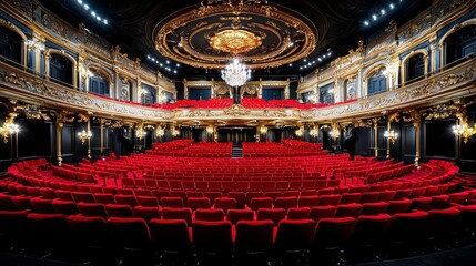 Fototapeta premium Luxurious Theater Interior with Red Velvet Seating and Gold Accents