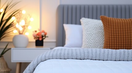 Cozy bedroom decor featuring soft textures, warm lighting, and inviting details for a tranquil retreat