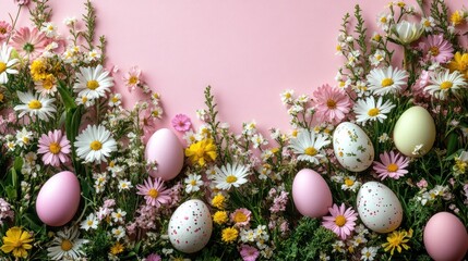 Obraz premium Easter eggs and flowers on a pink background