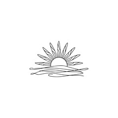 Minimalist Sunset Over Waves, Line Art Illustration, Summer Design