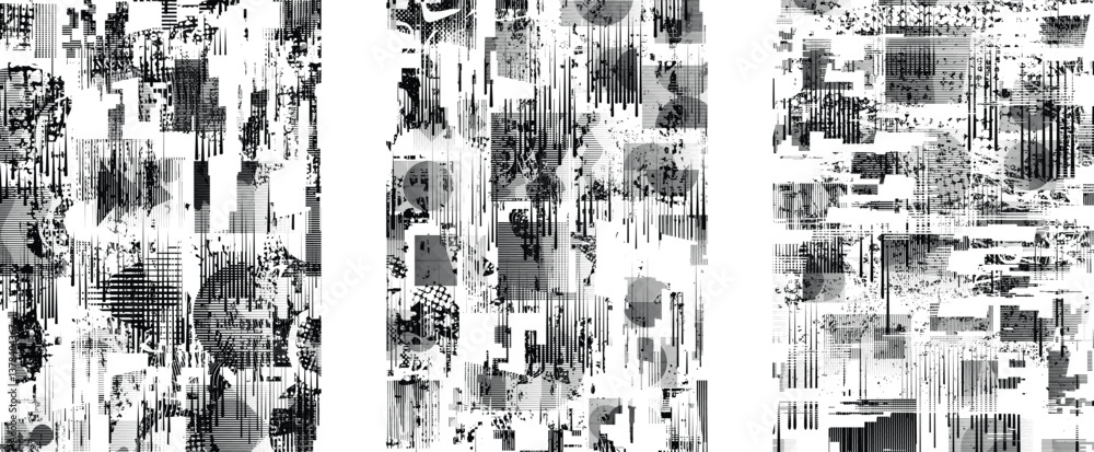Aufkleber Background with glitch distorted grunge textures . grunge background texture with halftone dots, glitched shapes, textures and lines .Screen print vector background with grunge textured surface.