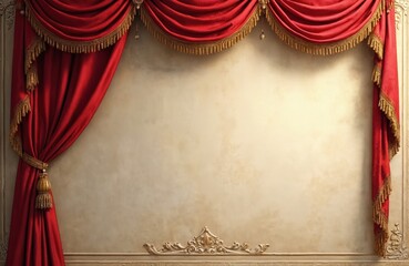 Red curtain with gold accents hangs wall. Decorative fabric, gold trim add elegance. Vintage ornament, rich colors, design elements. Textile texture. Background for events, celebrations.