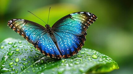 Naklejka premium Blue Morpho Butterfly Resting on a Dewy Green Leaf, Reflecting Light in a Stunning Nature Close-Up Shot