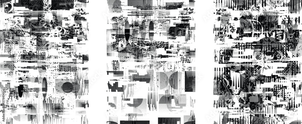 Aufkleber Background with glitch distorted grunge textures . grunge background texture with halftone dots, glitched shapes, textures and lines .Screen print vector background with grunge textured surface.