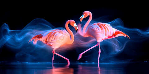 Naklejka premium Two Flamingos Dancing Against a Ethereal Blue Background 