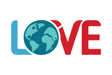 Word Love with a Globe Design, Letters in Blue and Red Color on White Background
