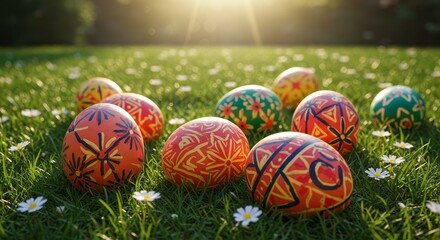 Fototapeta premium A harmonious scattering of eggs painted with watercolor designs, resting among dewy grass and small white blossoms. Sunlight cascades gently through leafy branches above, adding depth and natural warm