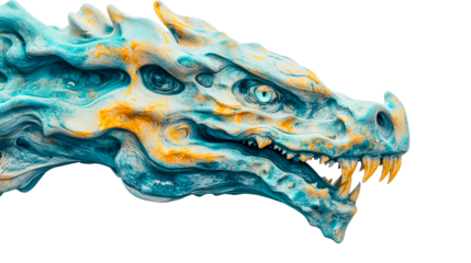 Detailed turquoise and gold dragon head with sharp teeth, cut out transparent