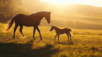 Mother and Foal in Golden Hour: A tender moment as a mare and her foal stroll across a sun-drenched field, illuminated by the warm, golden light of either sunrise or sunset.