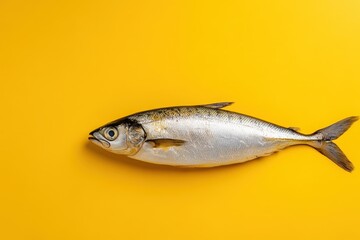 Fototapeta premium A single silver fish lying on bright yellow background