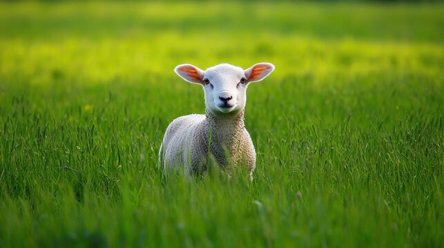 Lamb in Meadow: A charming lamb stands amidst a lush green meadow, its soft wool contrasting with the vibrant grass, creating a scene of pure innocence and tranquility.