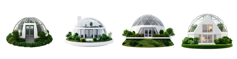 Elegant glass greenhouse structures in a botanical garden