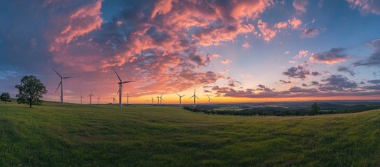 Wind turbines and landscape sit under a colorful sunset sky