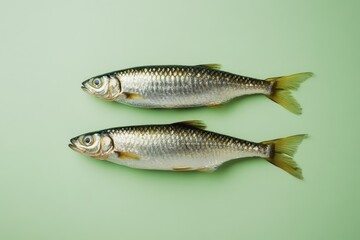 Two silver fish laid side by side on a green background