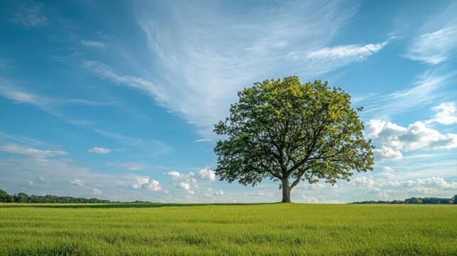 Solitary Tree on the Horizon: A majestic tree stands alone in a vast green field under a bright blue sky with wispy clouds, exuding serenity and the enduring power of nature. 