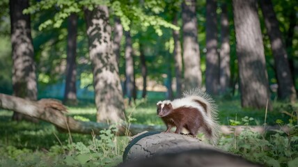 Obraz premium Skunk Standing on Log in Lush Forest