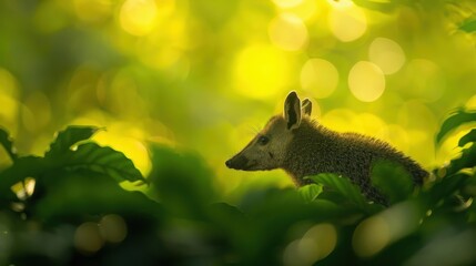 Obraz premium Baby Collared Peccary in Lush Green Foliage, Adorable baby peccary hidden in vibrant green leaves.