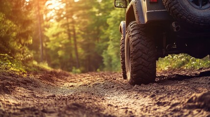Off-Road Adventure: A rugged vehicle navigates a muddy forest trail, conveying a sense of freedom, exploration, and the thrill of off-road driving in a scenic natural environment.