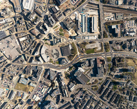 Aerial view directly above the West Yorkshire city centre of Bradford with map style view