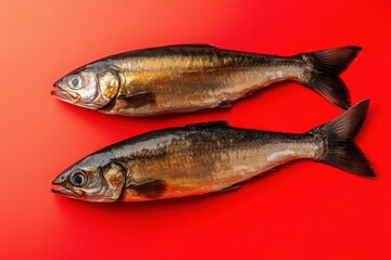 Obraz premium Two small whole fish arranged on vibrant red background