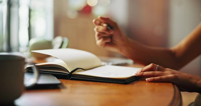 Writing, notebook and hands with pen for diary entry, notes and creative ideas on desk. Writer, book and closeup of person for planning, schedule and agenda or to do list, calendar and journal