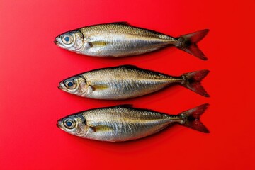 Obraz premium Three fresh silvery fish arranged in parallel against a red background