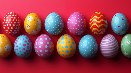 Obraz premium Colorful easter eggs on a red background. 3d illustration