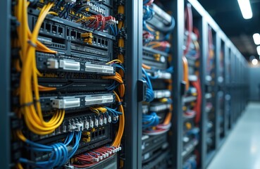 Telecommunication cabinet filled with network devices. Server equipment, fiber optic cables, data center interior. Configure network, internet in enterprise. Network architecture, data storage.